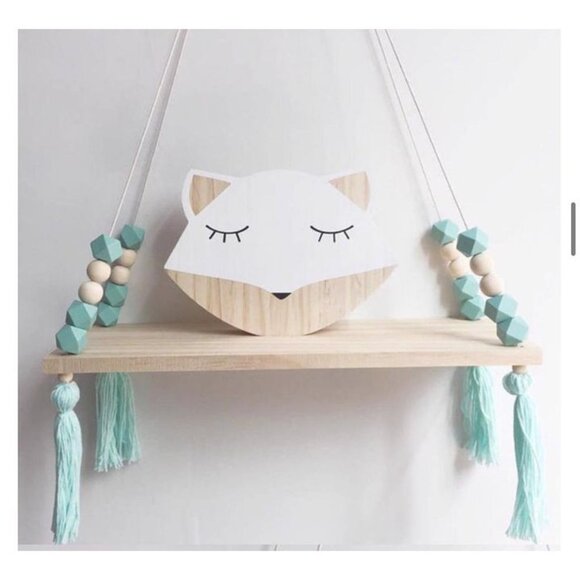 Nordic Wooden Hanging Shelf with Mint Beads and Tassels | Boho Nursery Wall Deco - Picture 1 of 5